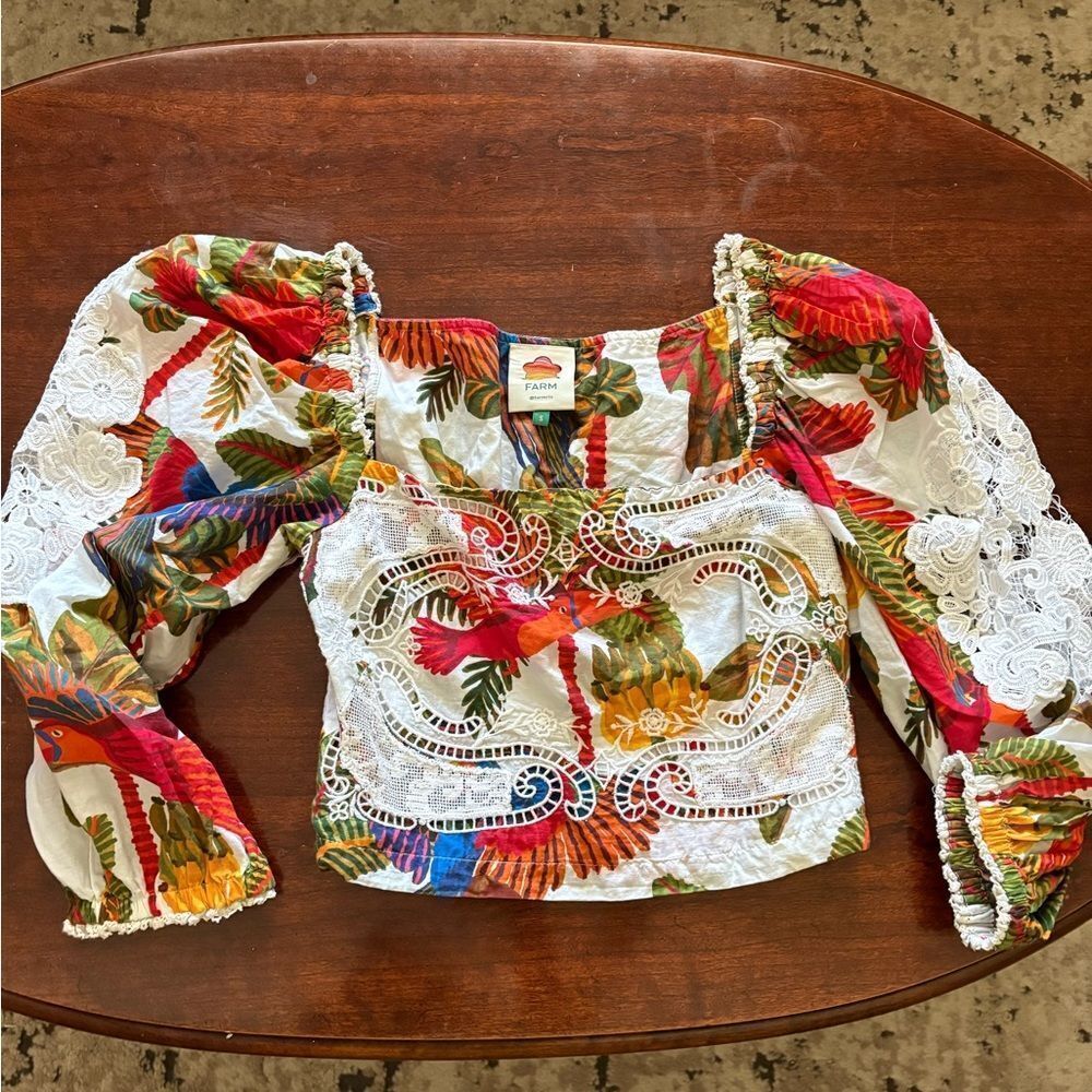 Farm Rio Forest Birds Smocked Embroidered Blouse size Small - Picture 4 of 10